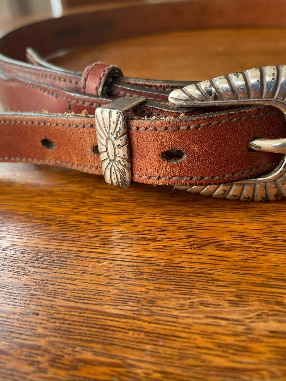 Leather Belt Solid Brass Buckle Colorful Detail Boho Western Style Large